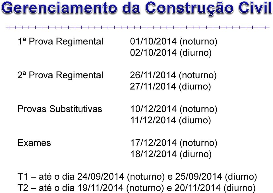 (noturno) 11/12/2014 (diurno) 17/12/2014 (noturno) 18/12/2014 (diurno) T1 até o dia