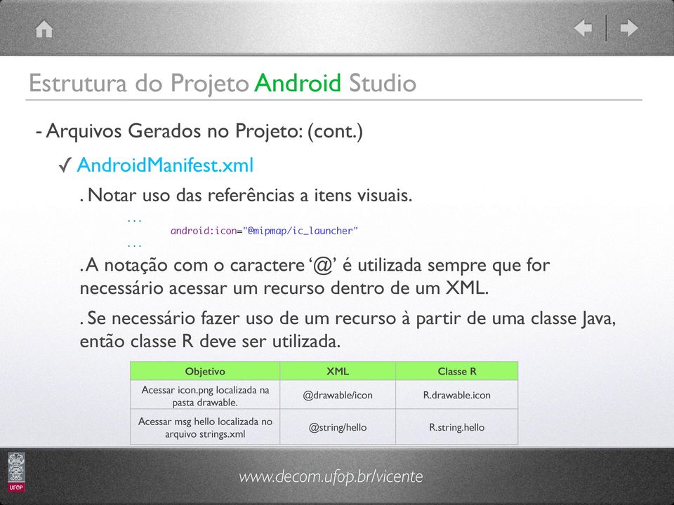 . Se necessário fazer uso de um recurso à partir de uma classe Java, então classe R deve ser utilizada. Objetivo XML Classe R Acessar icon.