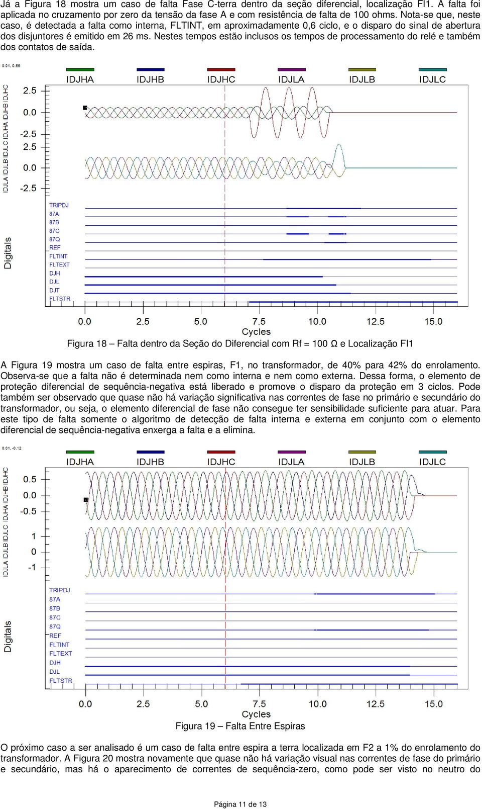 Nota-se que, neste caso, é detectada a falta como interna, FLTINT, em aproximadamente 0,6 ciclo, e o disparo do sinal de abertura dos disjuntores é emitido em 26 ms.