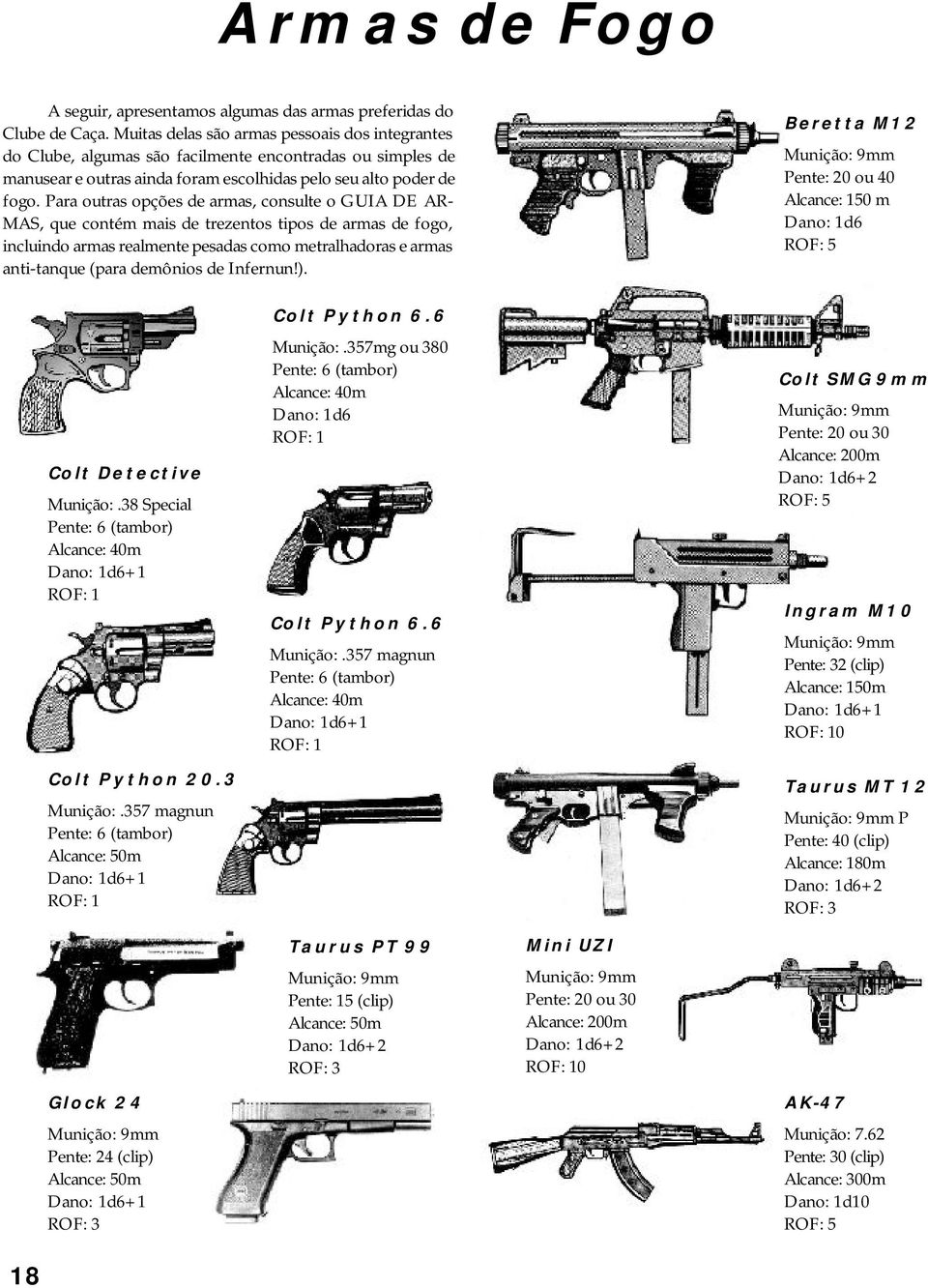 Para outras opções de armas, consulte o GUIA DE AR- MAS, que contém mais de trezentos tipos de armas de fogo, incluindo armas realmente pesadas como metralhadoras e armas anti-tanque (para demônios