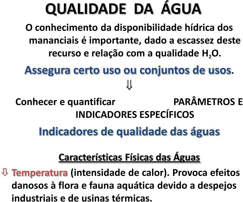 Conhecer e quantificar PARÂMETROS E INDICADORES ESPECÍFICOS Indicadores de qualidade das águas Características