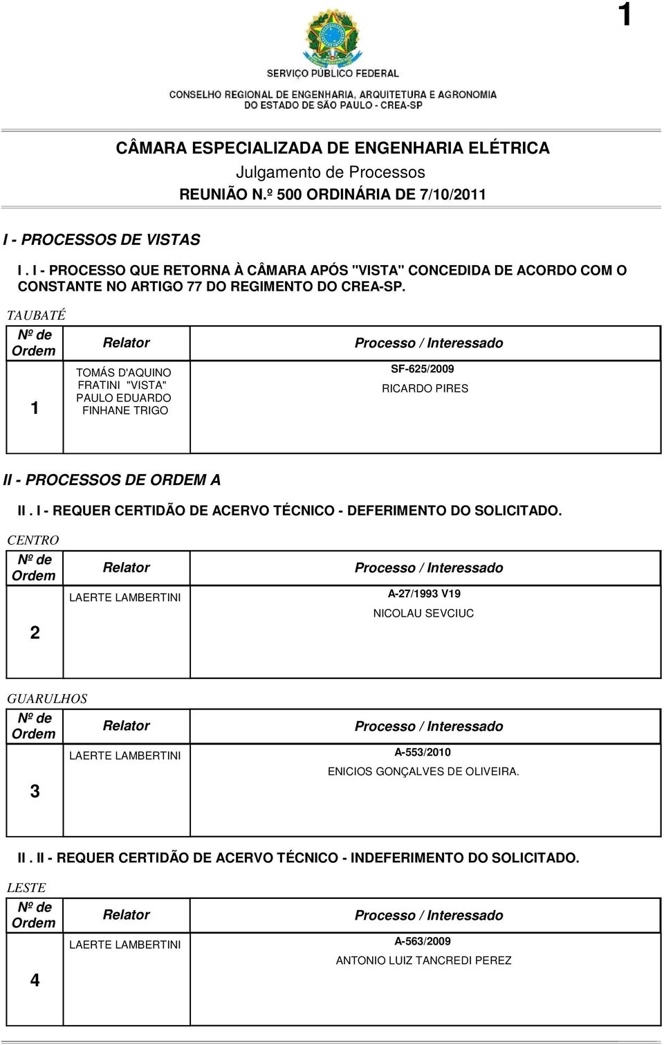 I - REQUER CERTIDÃO DE ACERVO TÉCNICO - DEFERIMENTO DO SOLICITADO.