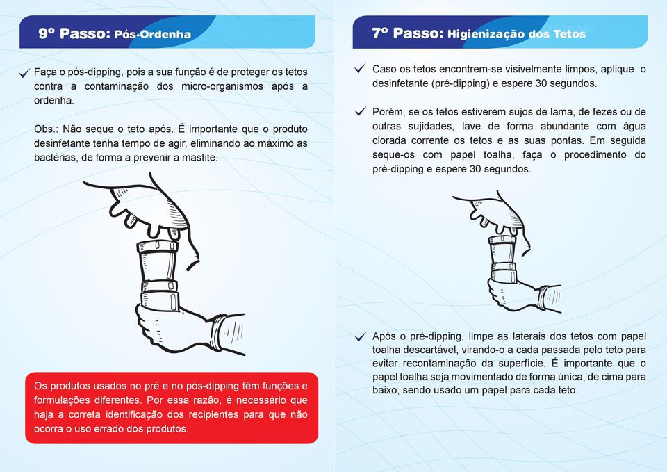 Caso os tetos encontrem-se visivelmente limpos, aplique o desinfetante (pré-dipping) e espere 30 segundos.