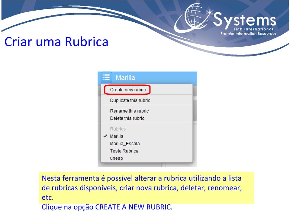 rubricas disponíveis, criar nova rubrica,