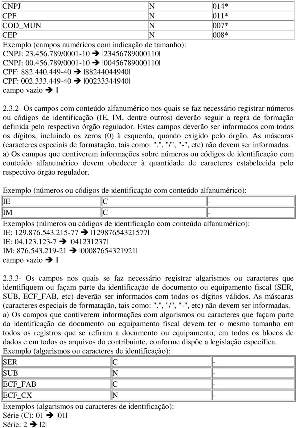 3.449-40 00233344940 campo vazio 2.3.2- Os campos com conteúdo alfanumérico nos quais se faz necessário registrar números ou códigos de identificação (IE, IM, dentre outros) deverão seguir a regra de