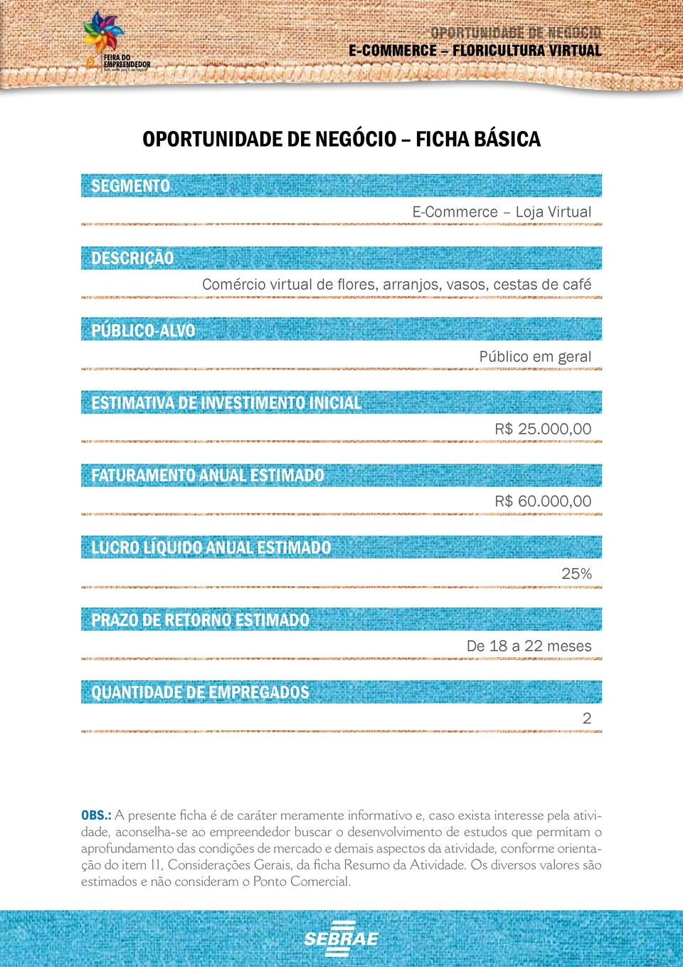 : A presente ficha é de caráter meramente informativo e, caso exista interesse pela atividade, aconselha-se ao empreendedor buscar o desenvolvimento de estudos que permitam o aprofundamento