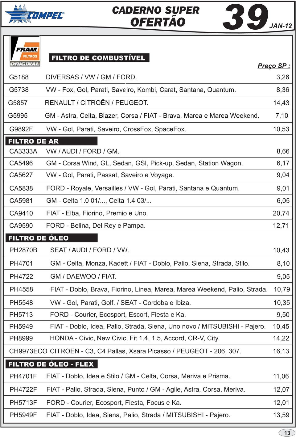 CA5496 GM - Corsa Wind, GL, Sedan, GSI, Pick-up, Sedan, Station Wagon. CA5627 VW - Gol, Parati, Passat, Saveiro e Voyage.