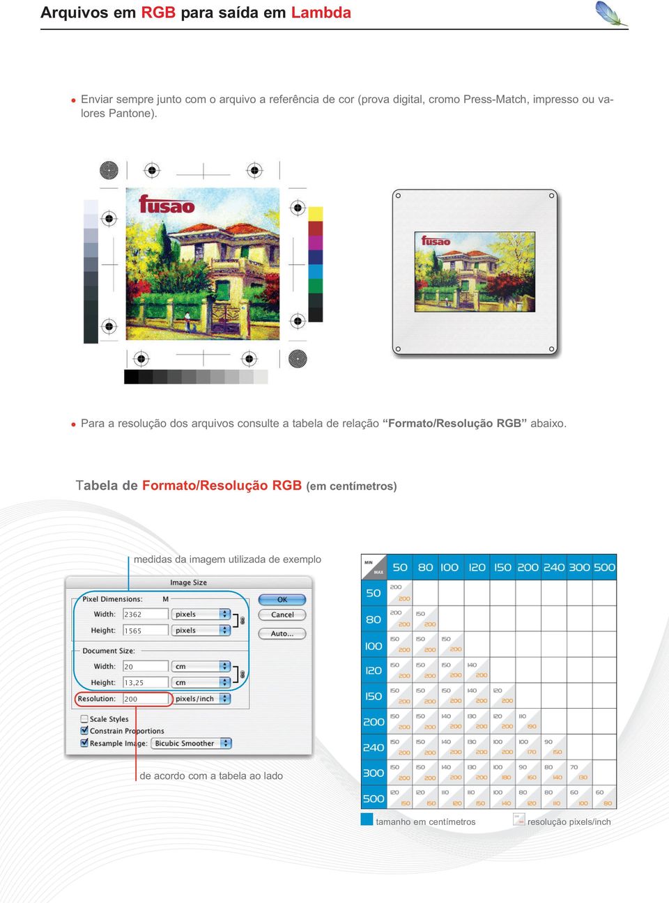 Para a resolução dos arquivos consulte a tabela de relação Formato/Resolução RGB abaixo.