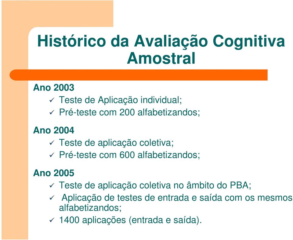 600 alfabetizandos; Ano 2005 Teste de aplicação coletiva no âmbito do PBA; Aplicação