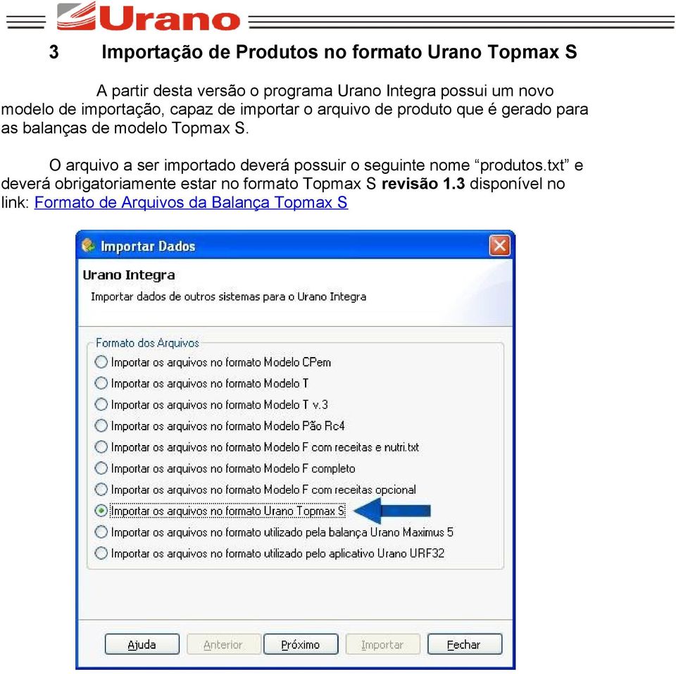 modelo Topmax S. O arquivo a ser importado deverá possuir o seguinte nome produtos.