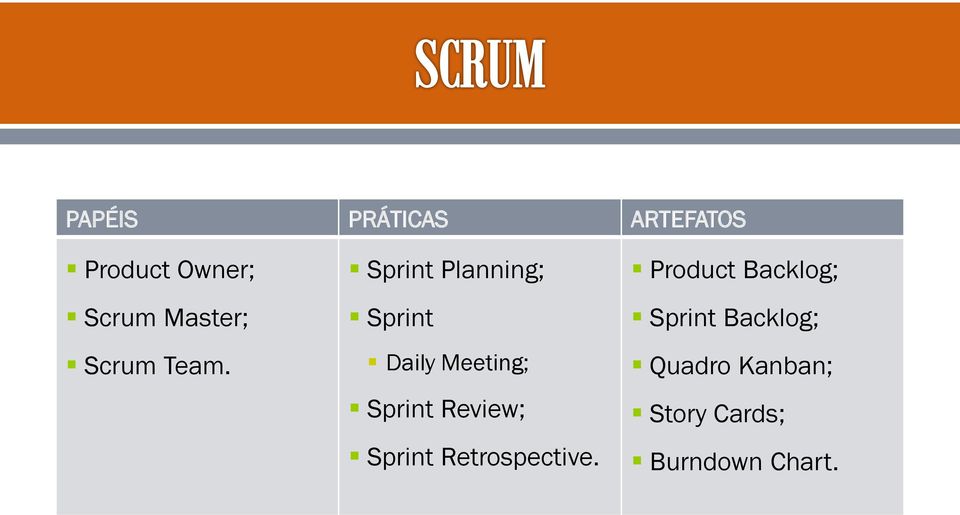 Sprint Planning; Sprint Daily Meeting; Sprint Review;