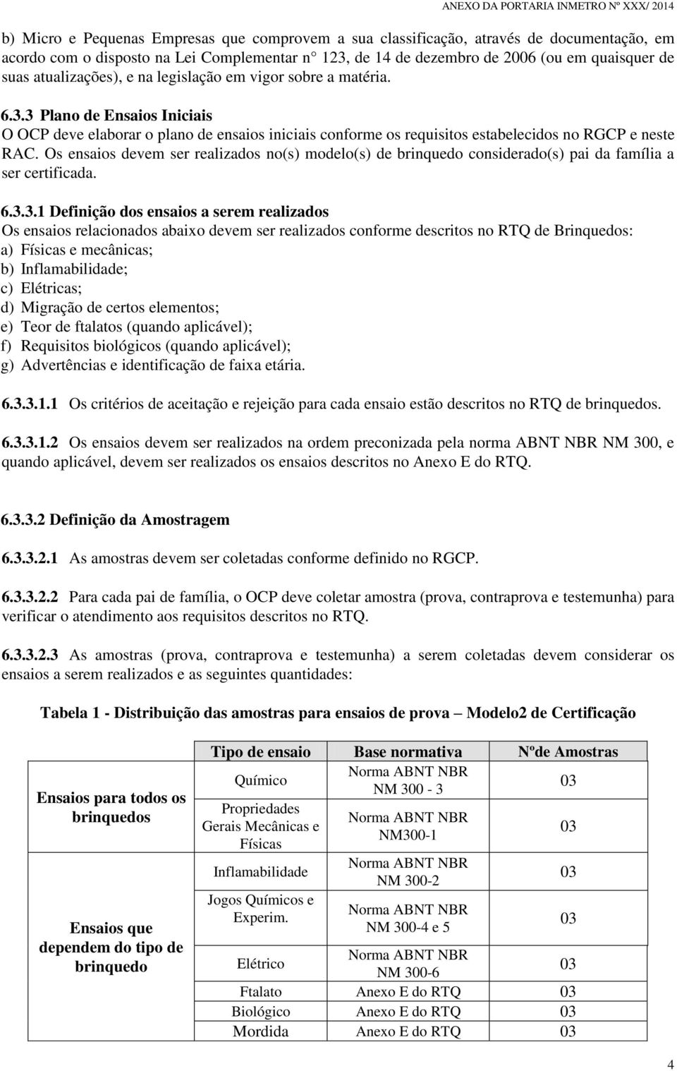 Os ensaios devem ser realizados no(s) modelo(s) de brinquedo considerado(s) pai da família a ser certificada. 6.3.