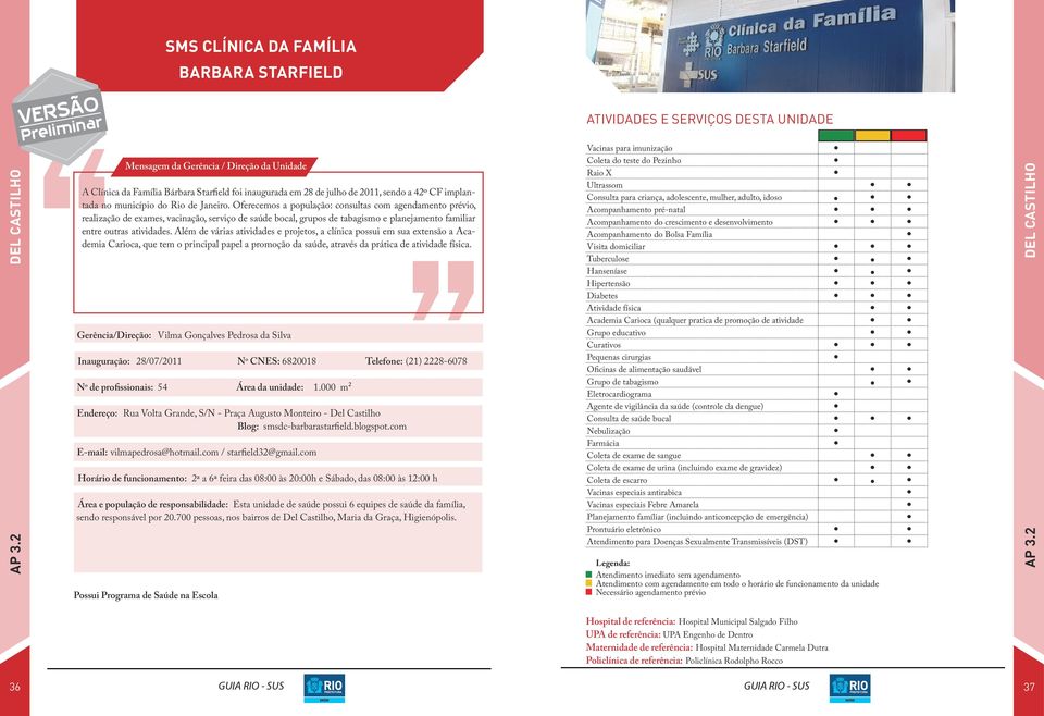 Oferecemos a população: consultas com agendamento prévio, realização de exames, vacinação, serviço de saúde bocal, grupos de tabagismo e planejamento familiar entre outras atividades.