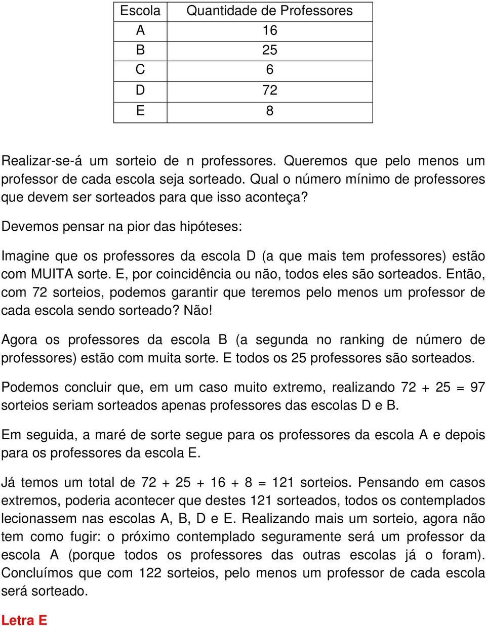 Devemos pensar na pior das hipóteses: Imagine que os professores da escola D (a que mais tem professores) estão com MUITA sorte. E, por coincidência ou não, todos eles são sorteados.