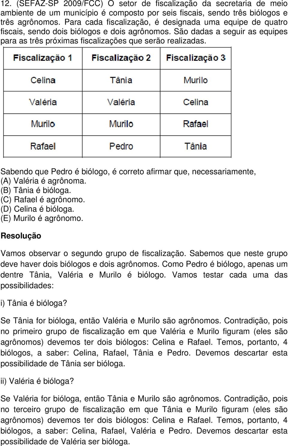 Sabendo que Pedro é biólogo, é correto afirmar que, necessariamente, (A) Valéria é agrônoma. (B) Tânia é bióloga. (C) Rafael é agrônomo. (D) Celina é bióloga. (E) Murilo é agrônomo.