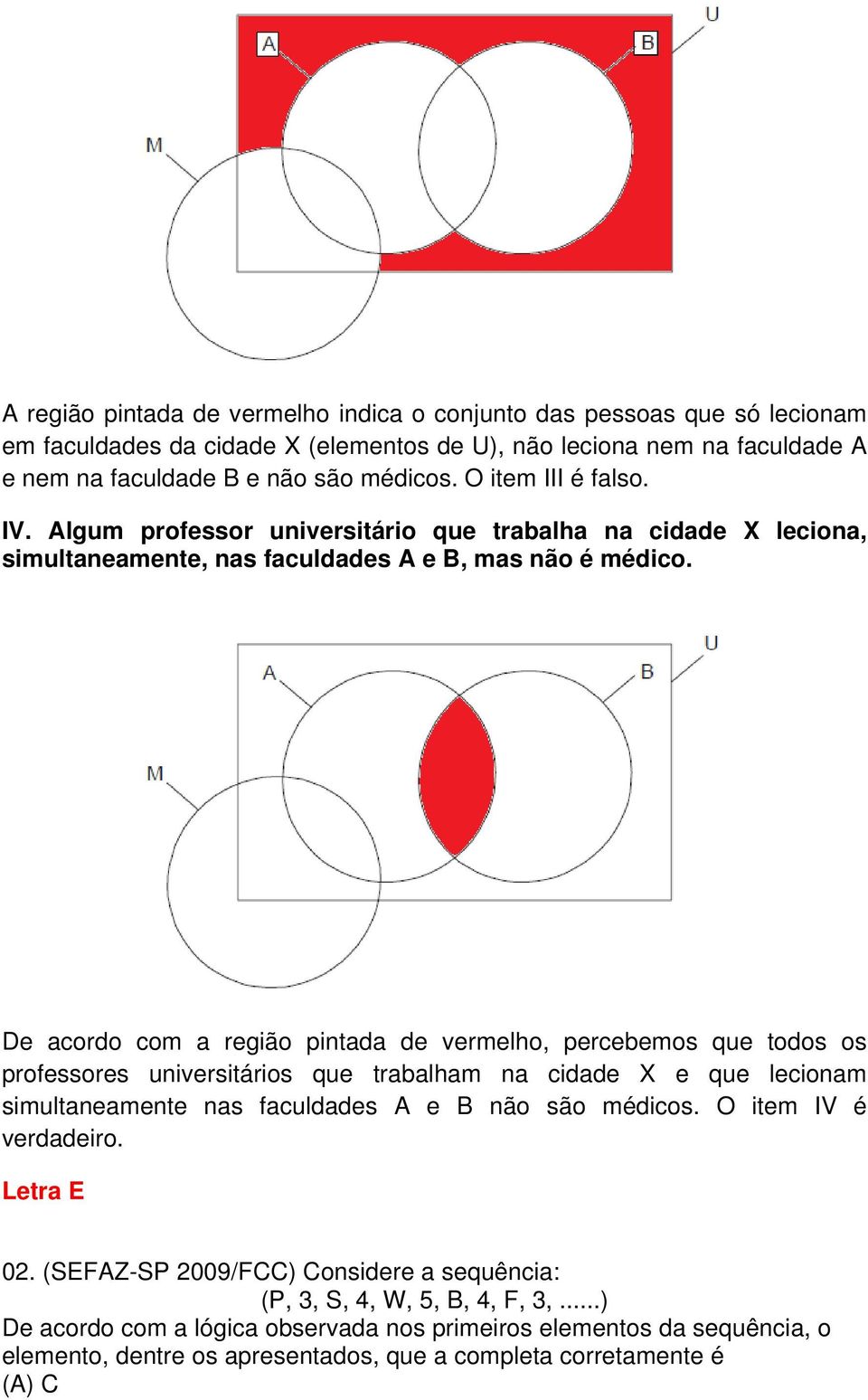 De acordo com a região pintada de vermelho, percebemos que todos os professores universitários que trabalham na cidade X e que lecionam simultaneamente nas faculdades A e B não são médicos.