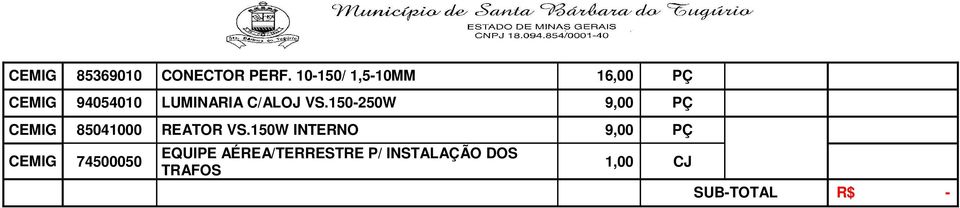 VS.150-250W 9,00 PÇ CEMIG 85041000 REATOR VS.