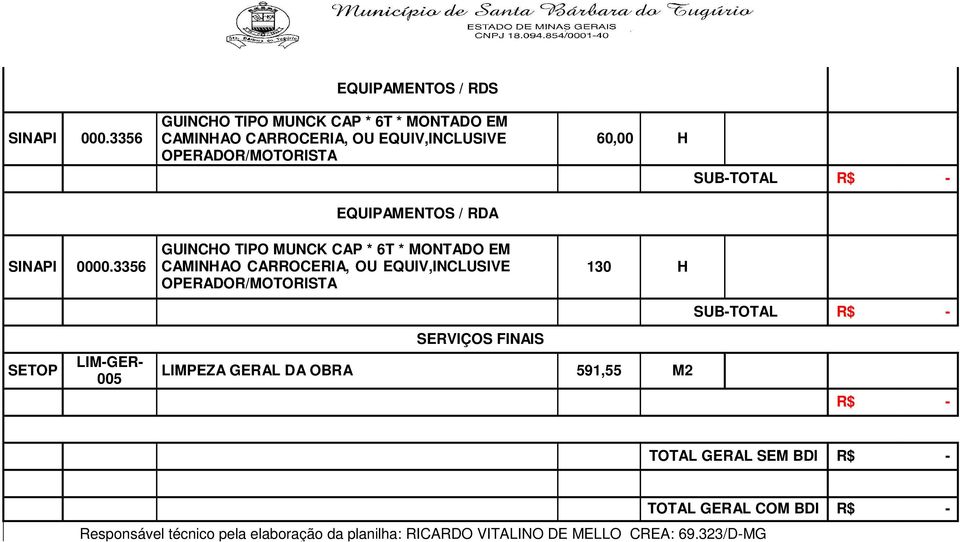 EQUIPAMENTOS / RDA SINAPI 0000.