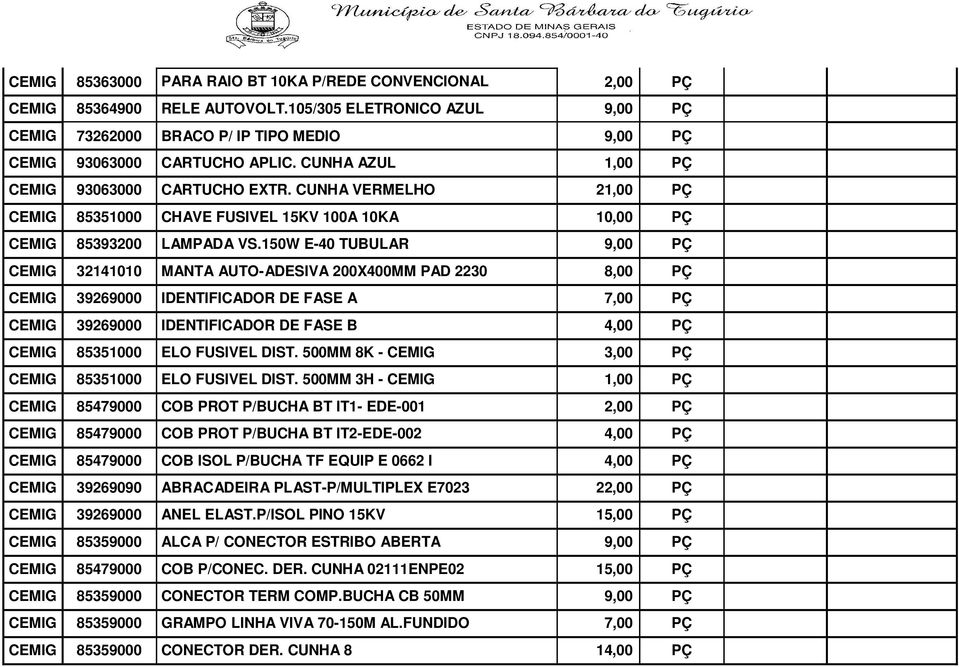 150W E-40 TUBULAR 9,00 PÇ CEMIG 32141010 MANTA AUTO-ADESIVA 200X400MM PAD 2230 8,00 PÇ CEMIG 39269000 IDENTIFICADOR DE FASE A 7,00 PÇ CEMIG 39269000 IDENTIFICADOR DE FASE B 4,00 PÇ CEMIG 85351000 ELO
