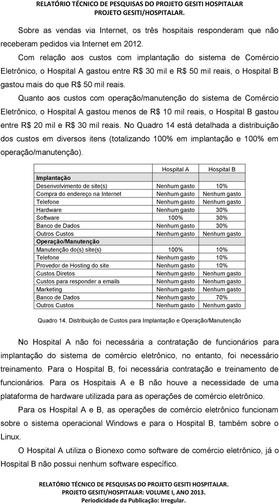 Quanto aos custos com operação/manutenção do sistema de Comércio Eletrônico, o Hospital A gastou menos de R$ 10 mil reais, o Hospital B gastou entre R$ 20 mil e R$ 30 mil reais.