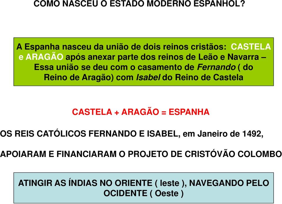 Essa união se deu com o casamento de Fernando ( do Reino de Aragão) com Isabel do Reino de Castela CASTELA + ARAGÃO