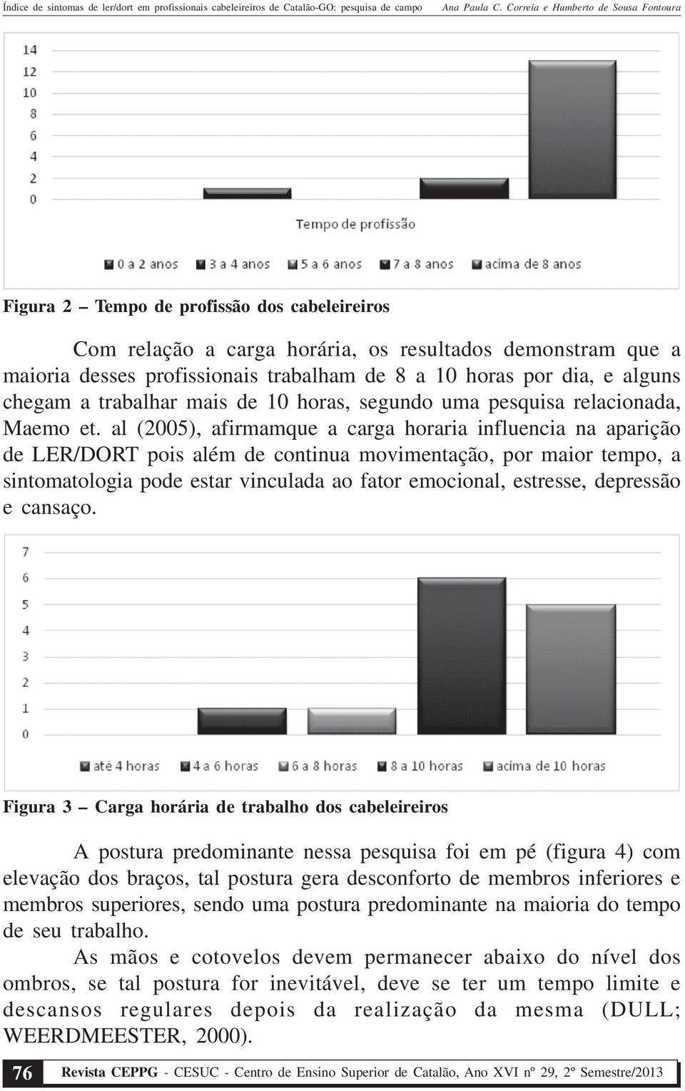 al (2005), afirmamque a carga horaria influencia na aparição de LER/DORT pois além de continua movimentação, por maior tempo, a sintomatologia pode estar vinculada ao fator emocional, estresse,