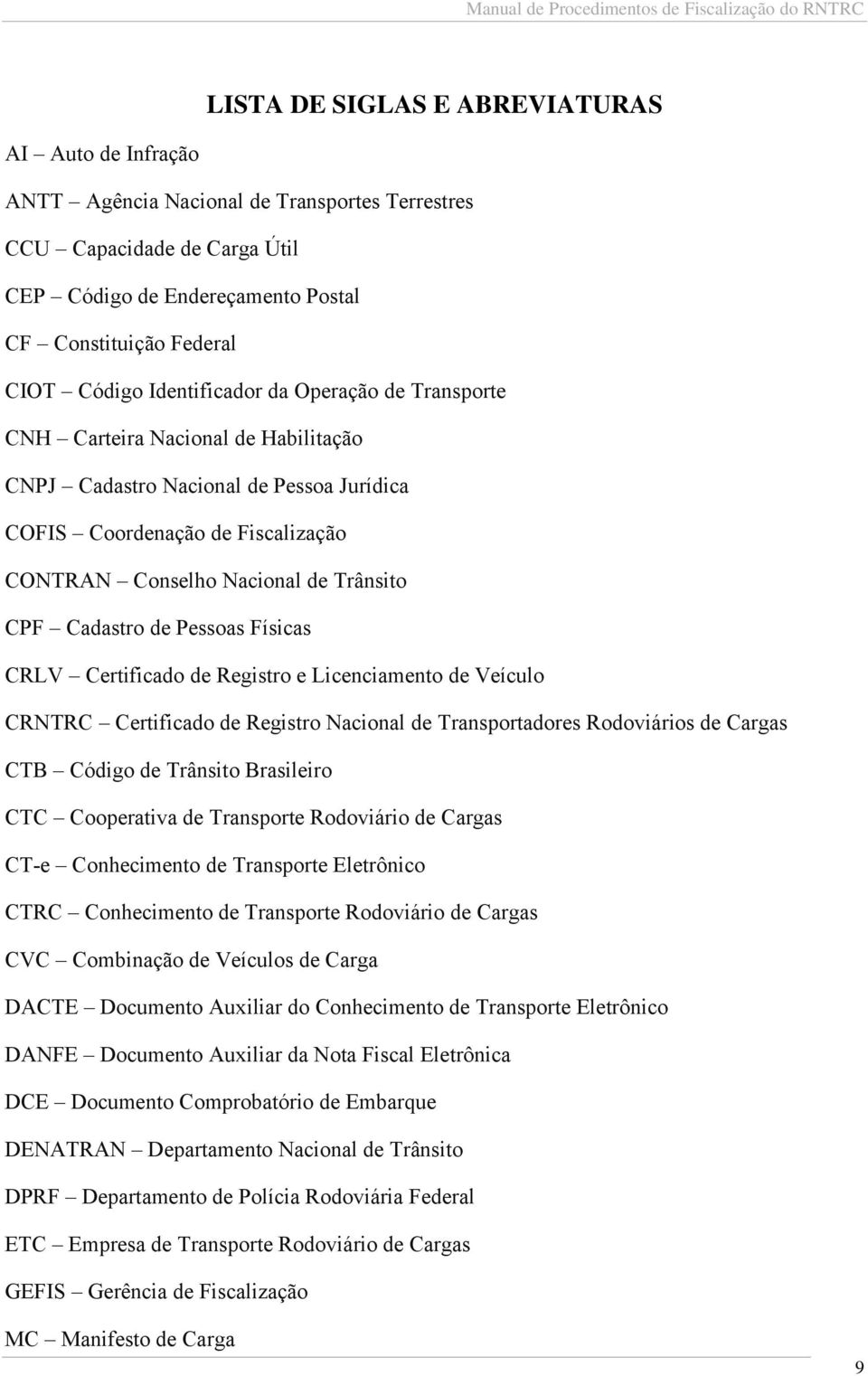 Cadastro de Pessoas Físicas CRLV Certificado de Registro e Licenciamento de Veículo CRNTRC Certificado de Registro Nacional de Transportadores Rodoviários de Cargas CTB Código de Trânsito Brasileiro
