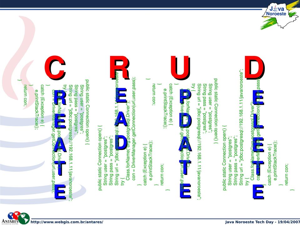 printstacktrace(); return con; R E A T E public static Connection open() { String user = "postgres"; String pass = "postgres"; String url = "jdbc:postgresql://192.168.1.11/javanoroeste"; try { Class.