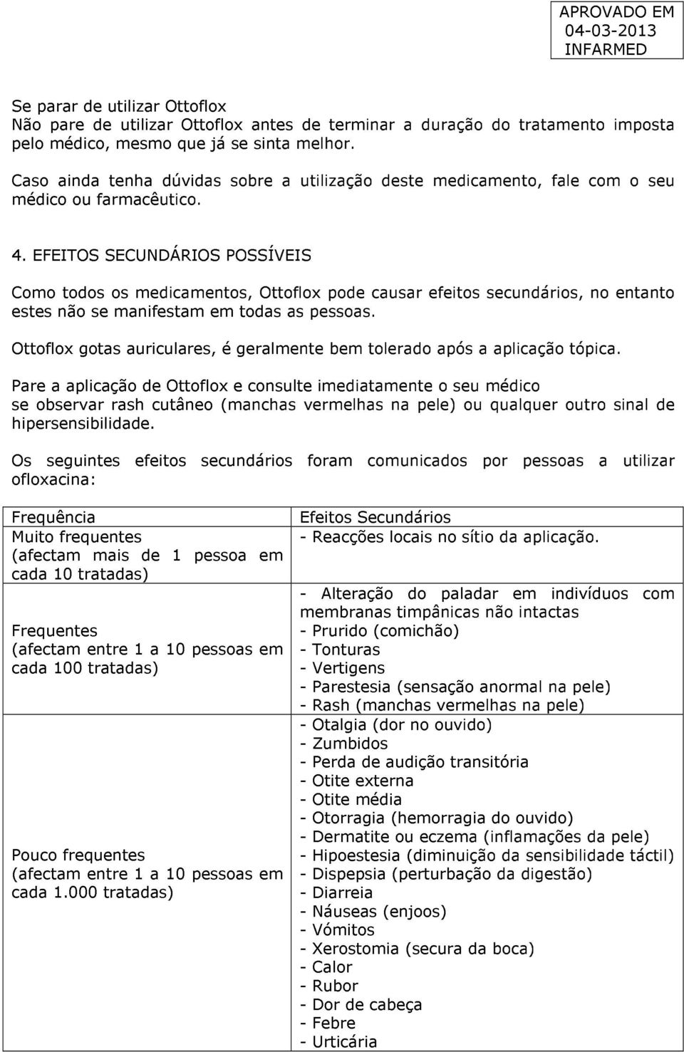 EFEITOS SECUNDÁRIOS POSSÍVEIS Como todos os medicamentos, Ottoflox pode causar efeitos secundários, no entanto estes não se manifestam em todas as pessoas.