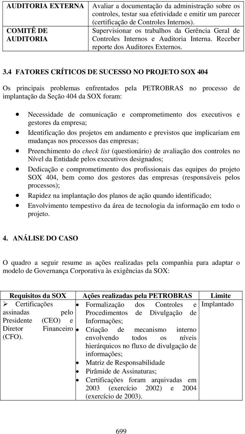 4 FATORES CRÍTICOS DE SUCESSO NO PROJETO SOX 404 Os principais problemas enfrentados pela PETROBRAS no processo de implantação da Seção 404 da SOX foram: Necessidade de comunicação e comprometimento