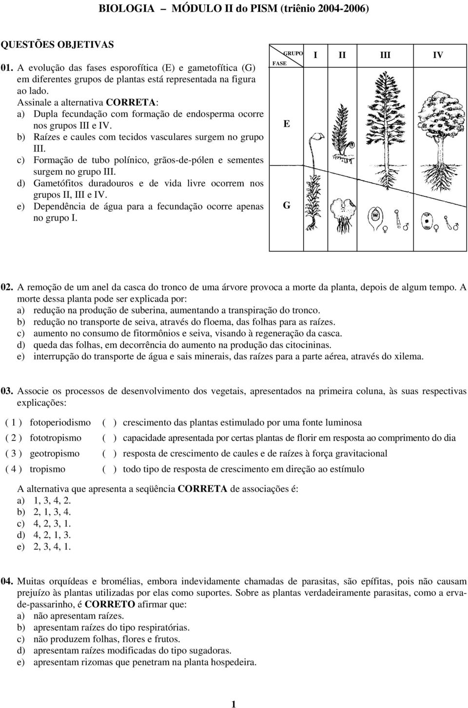 c) Formação de tubo polínico, grãos-de-pólen e sementes surgem no grupo III. d) Gametófitos duradouros e de vida livre ocorrem nos grupos II, III e IV.