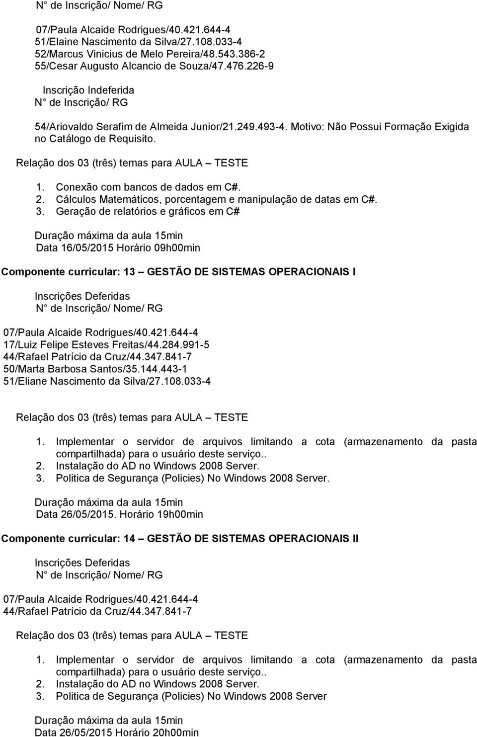 991-5 50/Marta Barbosa Santos/35.144.443-1 51/Eliane Nascimento da Silva/27.108.033-4 1.