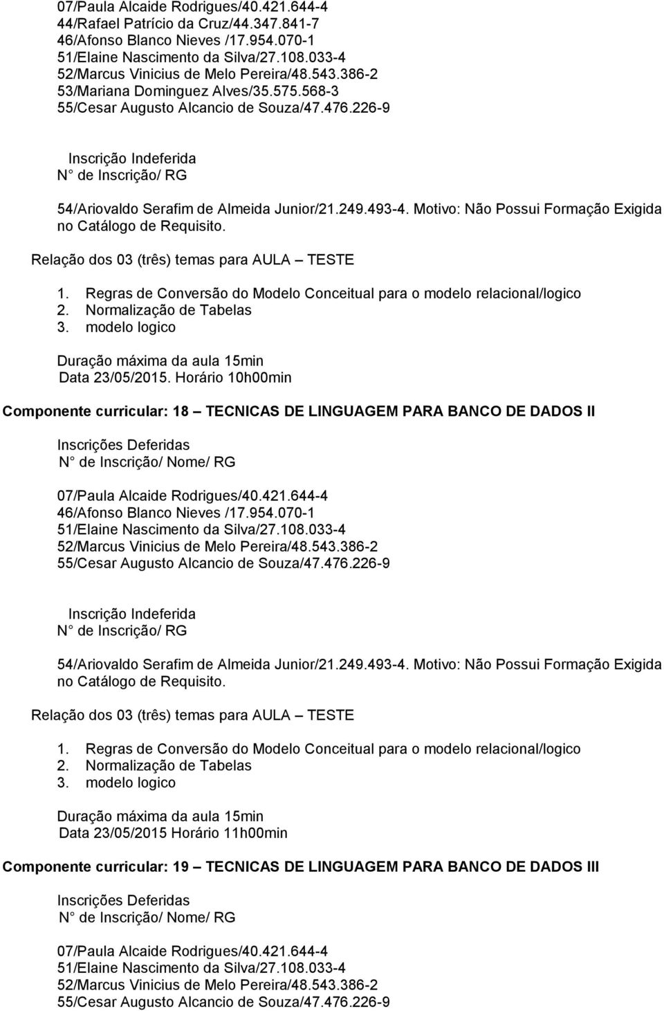 Horário 10h00min Componente curricular: 18 TECNICAS DE LINGUAGEM PARA BANCO DE DADOS II 46/Afonso Blanco Nieves /17.954.070-1 1.