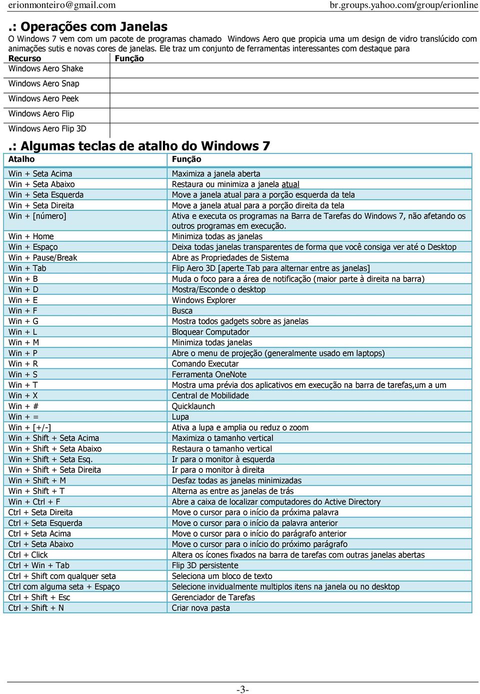 : Algumas teclas de atalho do Windows 7 Atalho Função Win + Seta Acima Win + Seta Abaixo Win + Seta Esquerda Win + Seta Direita Win + [número] Win + Home Win + Espaço Win + Pause/Break Win + Tab Win