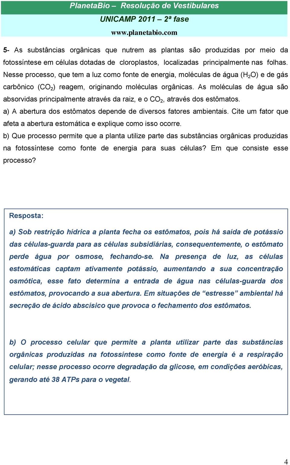 As moléculas de água são absorvidas principalmente através da raiz, e o CO 2, através dos estômatos. a) A abertura dos estômatos depende de diversos fatores ambientais.