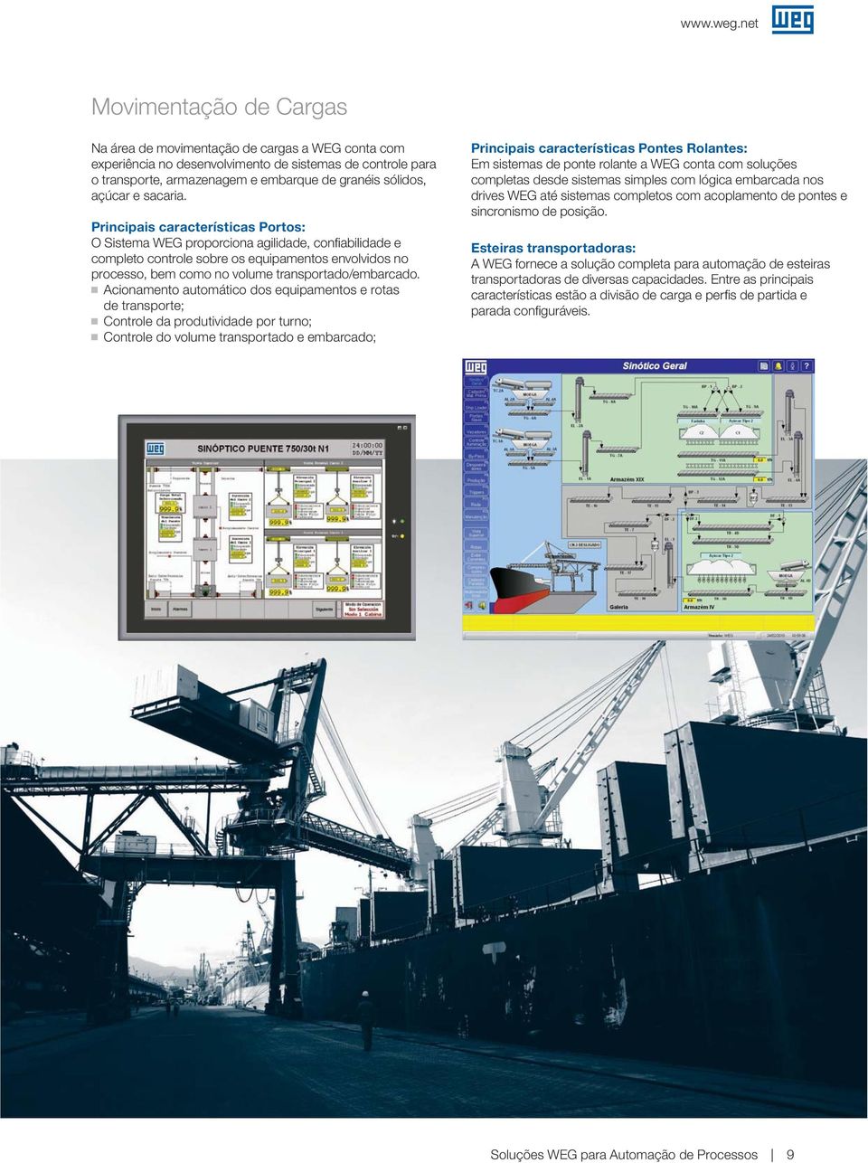 Principais características Portos: O Sistema WEG proporciona agilidade, confiabilidade e completo controle sobre os equipamentos envolvidos no processo, bem como no volume transportado/embarcado.