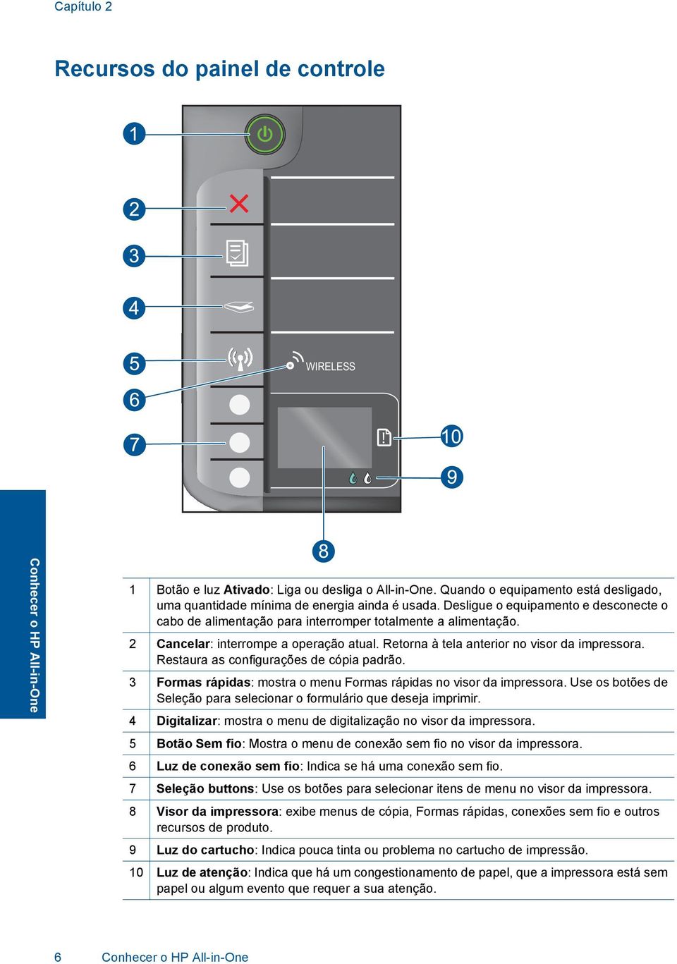 2 Cancelar: interrompe a operação atual. Retorna à tela anterior no visor da impressora. Restaura as configurações de cópia padrão.