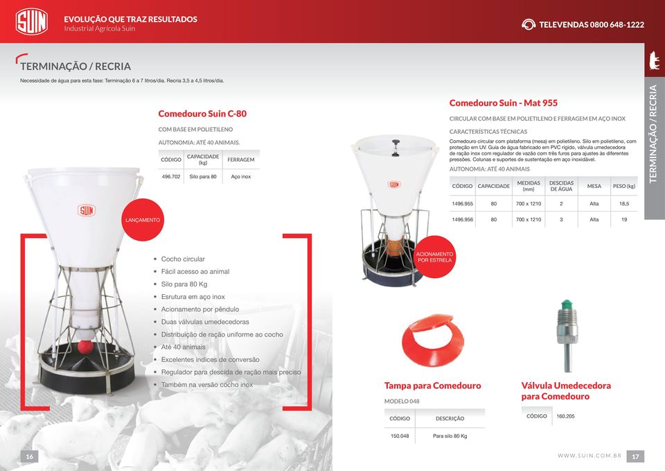 702 Silo para 80 Aço inox Comedouro Suin - Mat 955 CIRCULAR COM BASE EM POLIETILENO E FERRAGEM EM AÇO INOX CARACTERÍSTICAS TÉCNICAS Comedouro circular com plataforma (mesa) em polietileno.