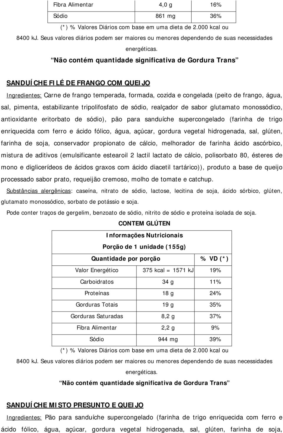 Não contém quantidade significativa de Gordura Trans SANDUÍCHE FILÉ DE FRANGO COM QUEIJO Ingredientes: Carne de frango temperada, formada, cozida e congelada (peito de frango, água, sal, pimenta,