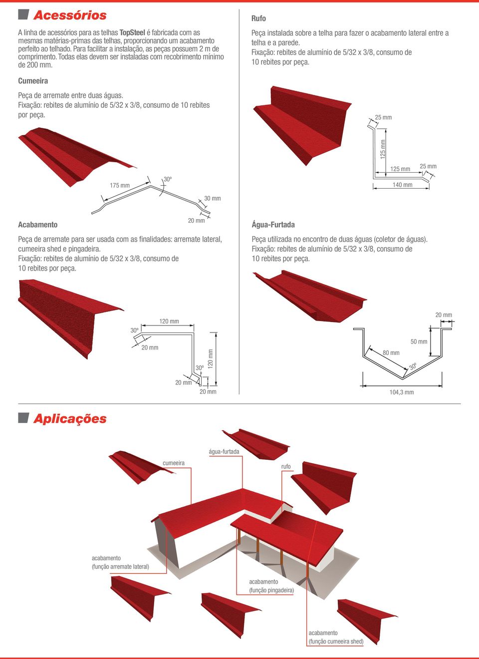 Peça instalada sobre a telha para fazer o acabamento lateral entre a telha e a parede. Fixação: rebites de alumínio de 5/32 x 3/8, consumo de 10 rebites por peça.