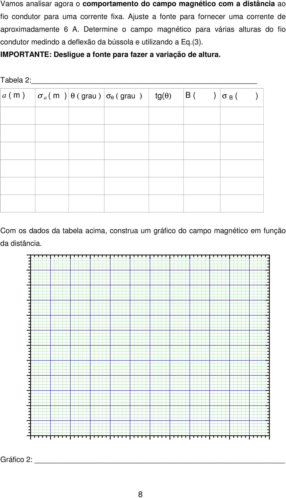 Determine o campo magnético para várias alturas do fio condutor medindo a deflexão da bússola e utilizando a Eq.(3).