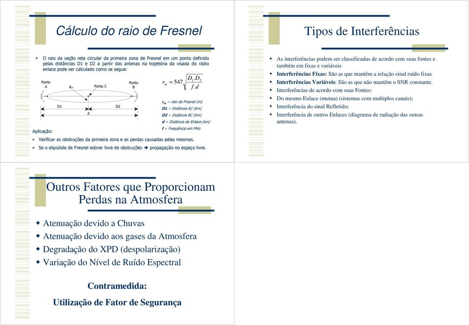 d r m = raio de Fresnel (m) D1 = Distância AC (km) D2 = Distância BC (km) d = Distância do Enlace (km) f = Freqüência em MHz Verificar as obstruções da primeira zona e as perdas causadas pelas mesmas.