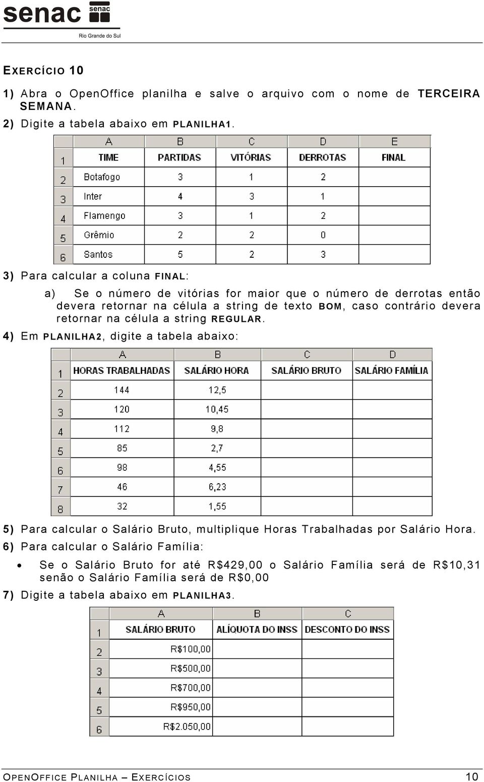 devera retornar na célula a string REGULAR. 4) Em PLANILHA2, digite a tabela abaixo: 5) Para calcular o Salário Bruto, multiplique Horas Trabalhadas por Salário Hora.