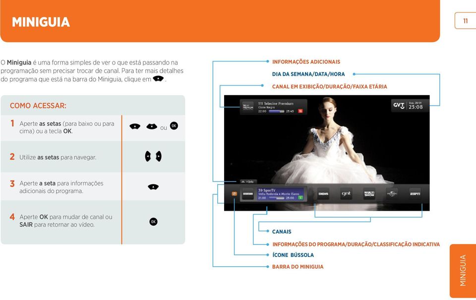 INFORMAÇÕES ADICIONAIS DIA DA SEMANA/DATA/HORA CANAL EM EXIBIÇÃO/DURAÇÃO/FAIXA ETÁRIA COMO ACESSAR: Aperte as setas (para baixo ou para cima) ou a