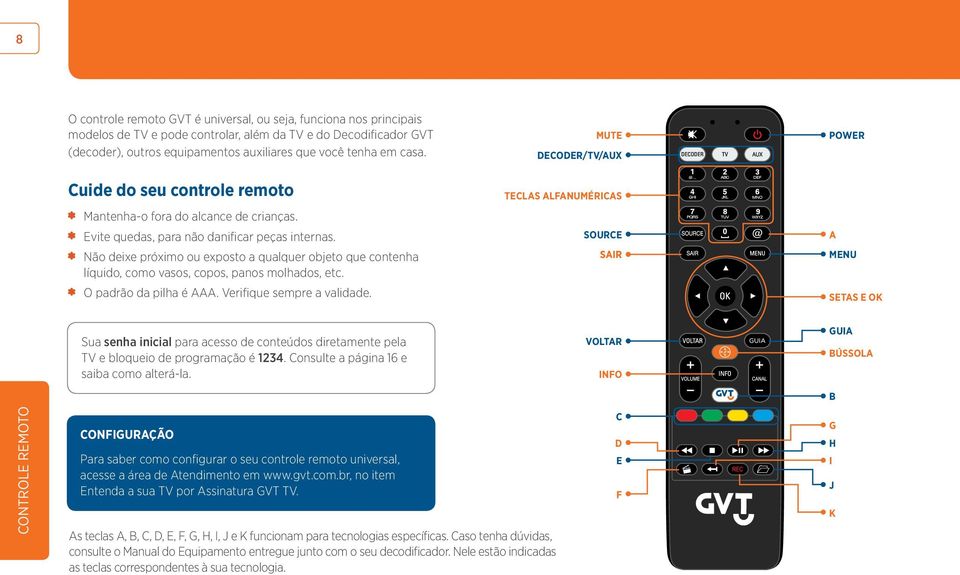 Não deixe próximo ou exposto a qualquer objeto que contenha líquido, como vasos, copos, panos molhados, etc. O padrão da pilha é AAA. Verifique sempre a validade.