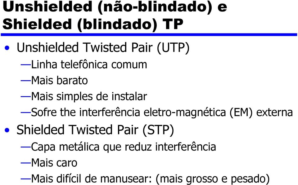 interferência eletro-magnética (EM) externa Shielded Twisted Pair (STP) Capa