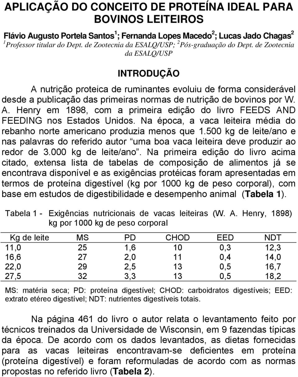 de Zootecnia da ESALQ/USP INTRODUÇÃO A nutrição proteica de ruminantes evoluiu de forma considerável desde a publicação das primeiras normas de nutrição de bovinos por W. A. Henry em 1898, com a primeira edição do livro FEEDS AND FEEDING nos Estados Unidos.