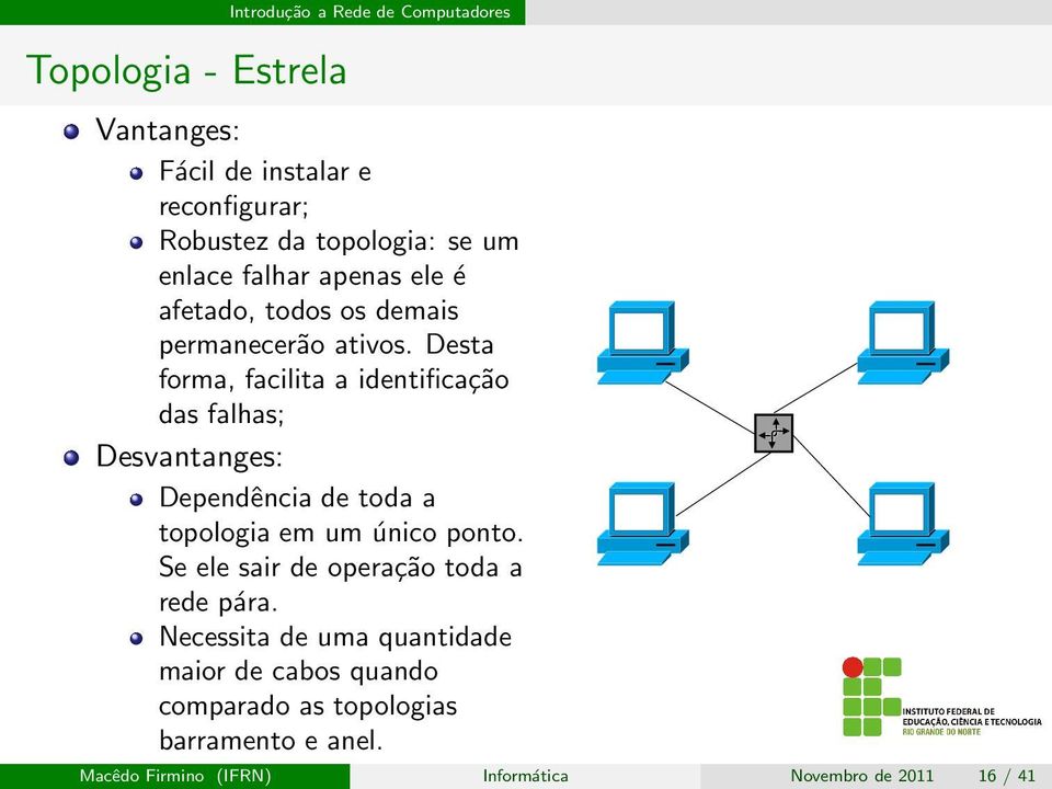 Desta forma, facilita a identificação das falhas; Desvantanges: Dependência de toda a topologia em um único ponto.