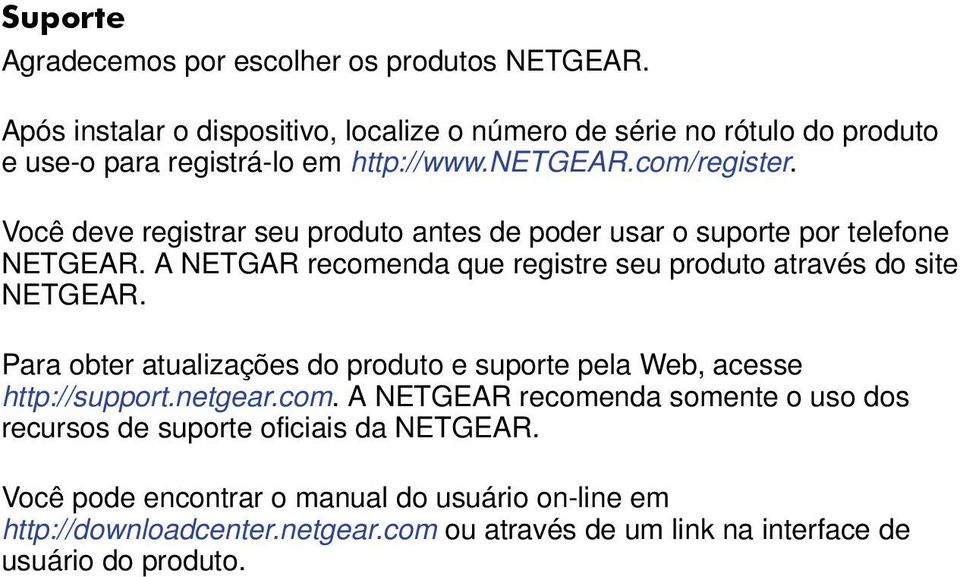 Você deve registrar seu produto antes de poder usar o suporte por telefone NETGEAR. A NETGAR recomenda que registre seu produto através do site NETGEAR.
