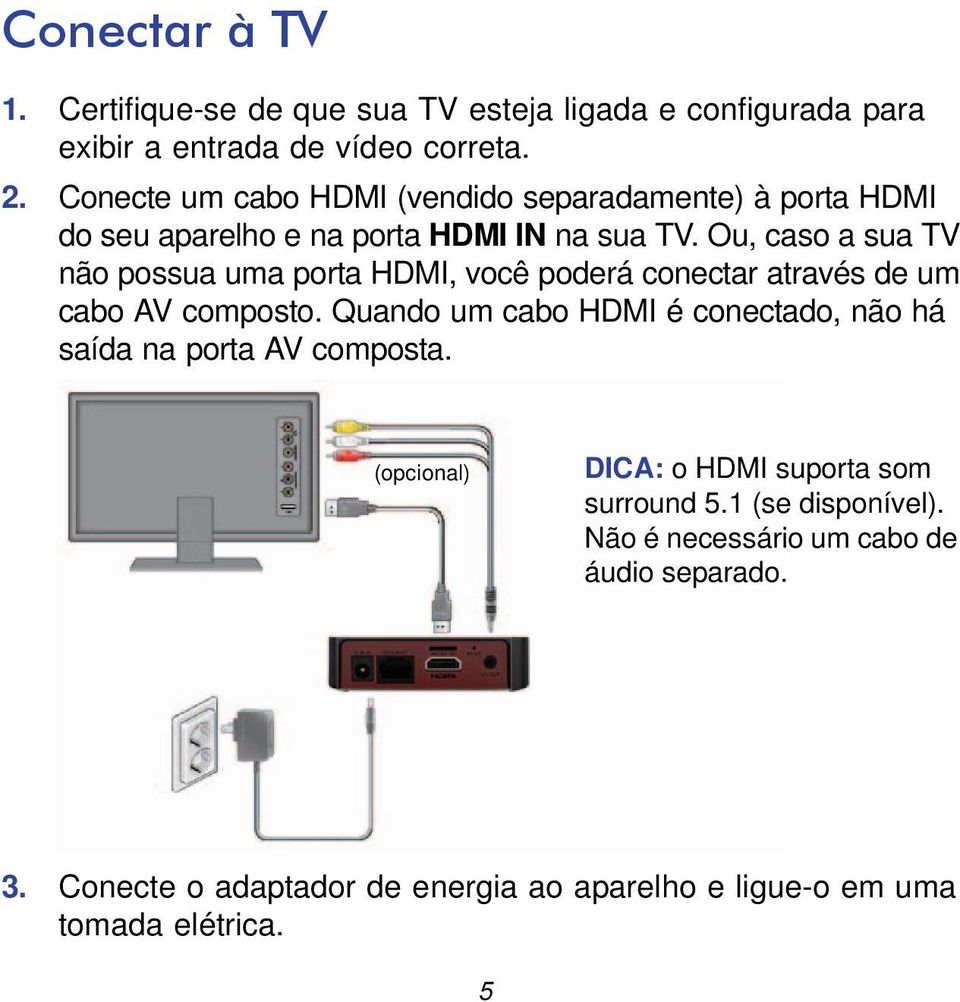 Ou, caso a sua TV não possua uma porta HDMI, você poderá conectar através de um cabo AV composto.